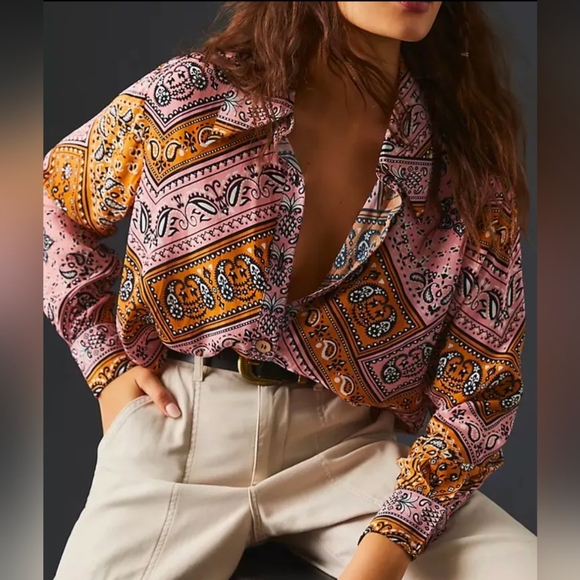 FARM Rio X Anthropologie Classic Bandana Print Med Button Down Paisley Print - Picture 3 of 9